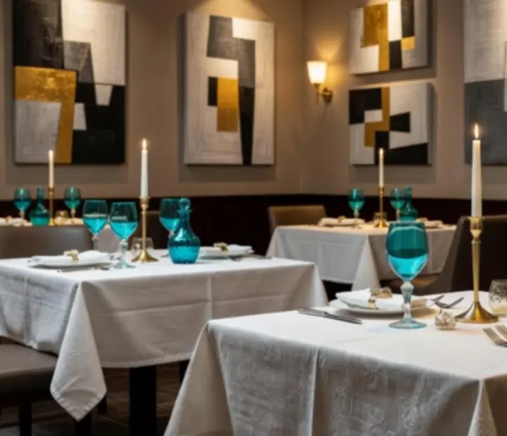 Detalj interijera Zagrebia restorana s modernim stolom, čašama za vino i ambijentalnim svjetlom.