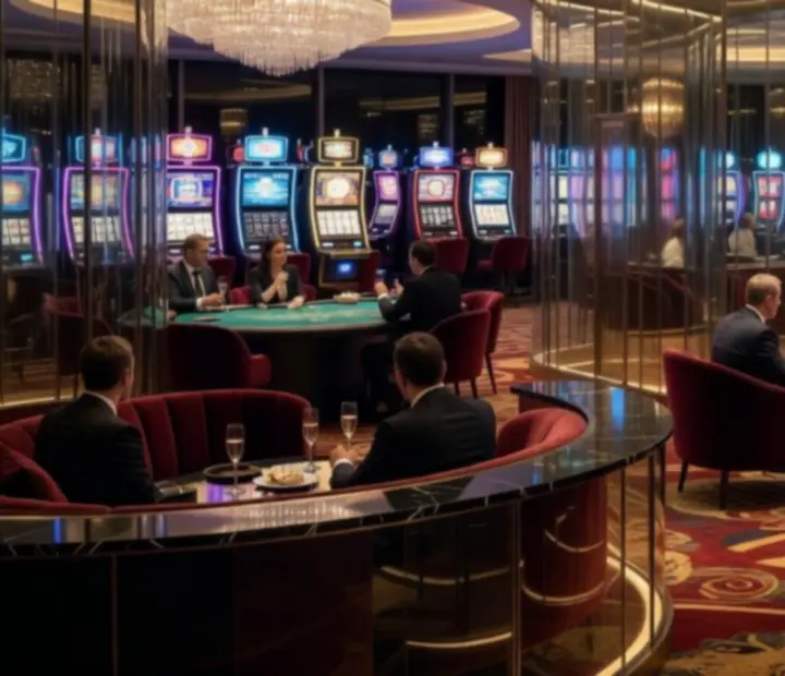 Casino atmosfera u večernjim satima s lounge sjedećim mjestima i toplom rasvjetom.