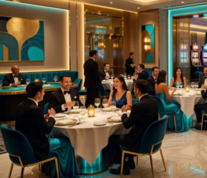 Elegantna večer u casino restoranu Zagrebia s osvijetljenim stolovima i gostima