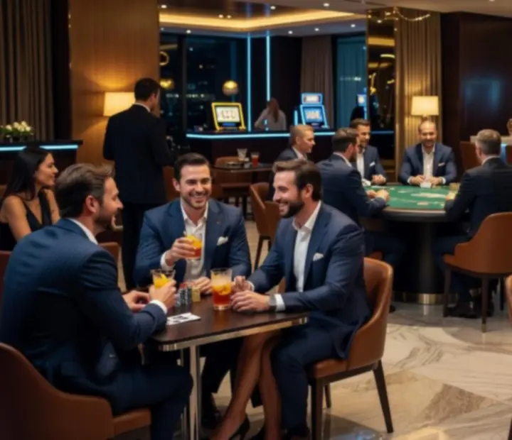 Večernja casino atmosfera s ambijentalnim svjetlima i gostima u lounge zoni restorana.