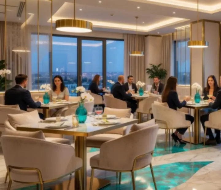 Interijer modernog casino restorana Zagrebia s elegantnim zlatnim i svijetloplavim detaljima.